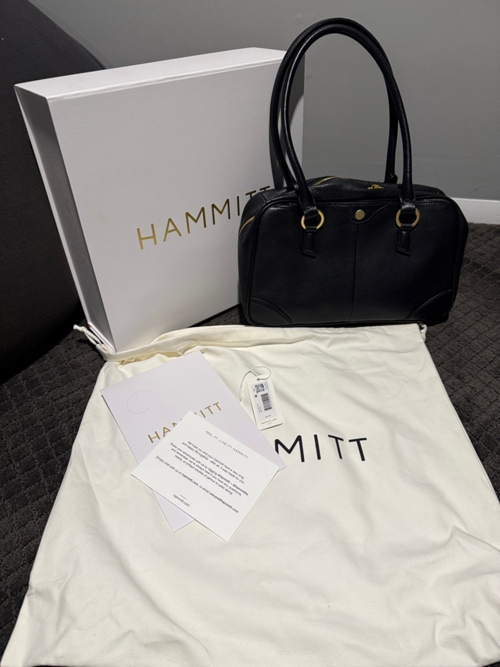 Hammitt  Meredith Med  Black Pebbled Leather Satchel with Gold Hardware